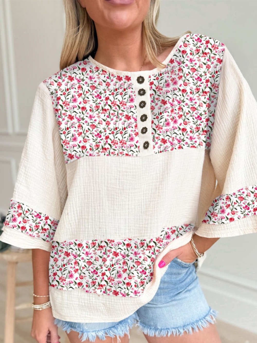 S64-Off White Blouse with Pastel Floral Yoke and Hem Panel